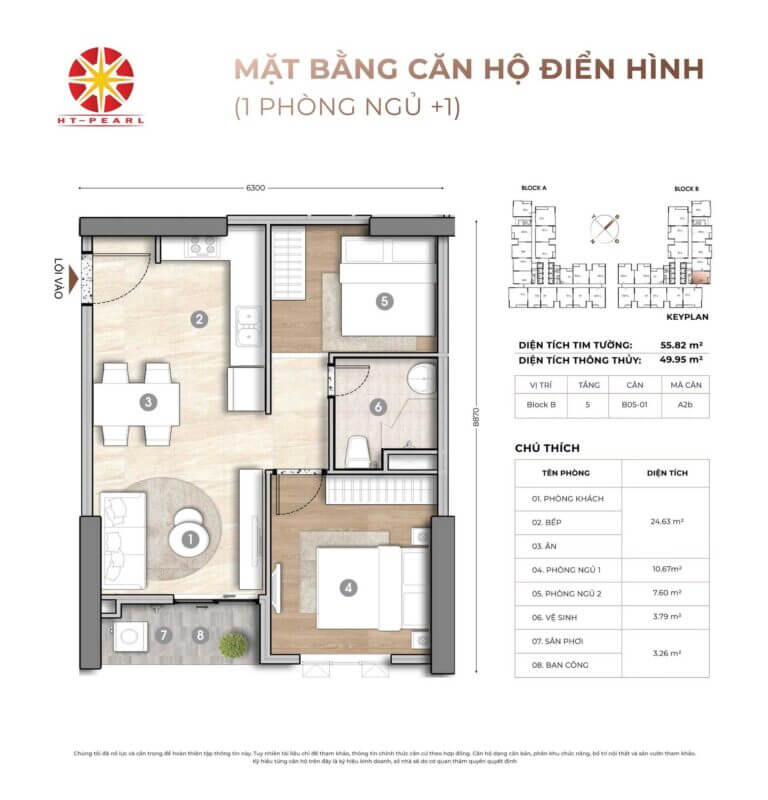 Layout thiết kế căn hộ 1 phòng ngủ dự an HT Pearl
