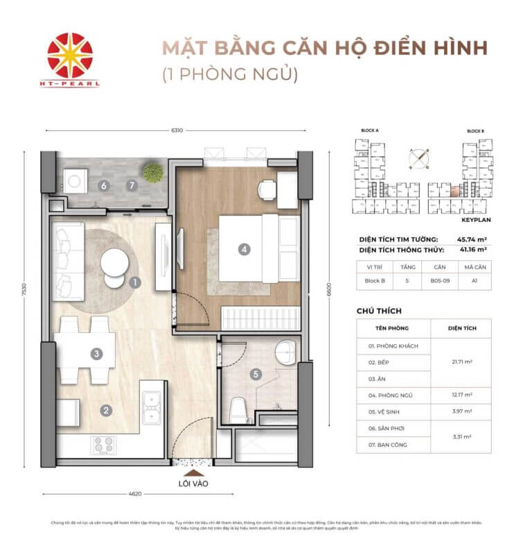 Layout thiết kế căn hộ 1 phòng ngủ dự an HT Pearl
