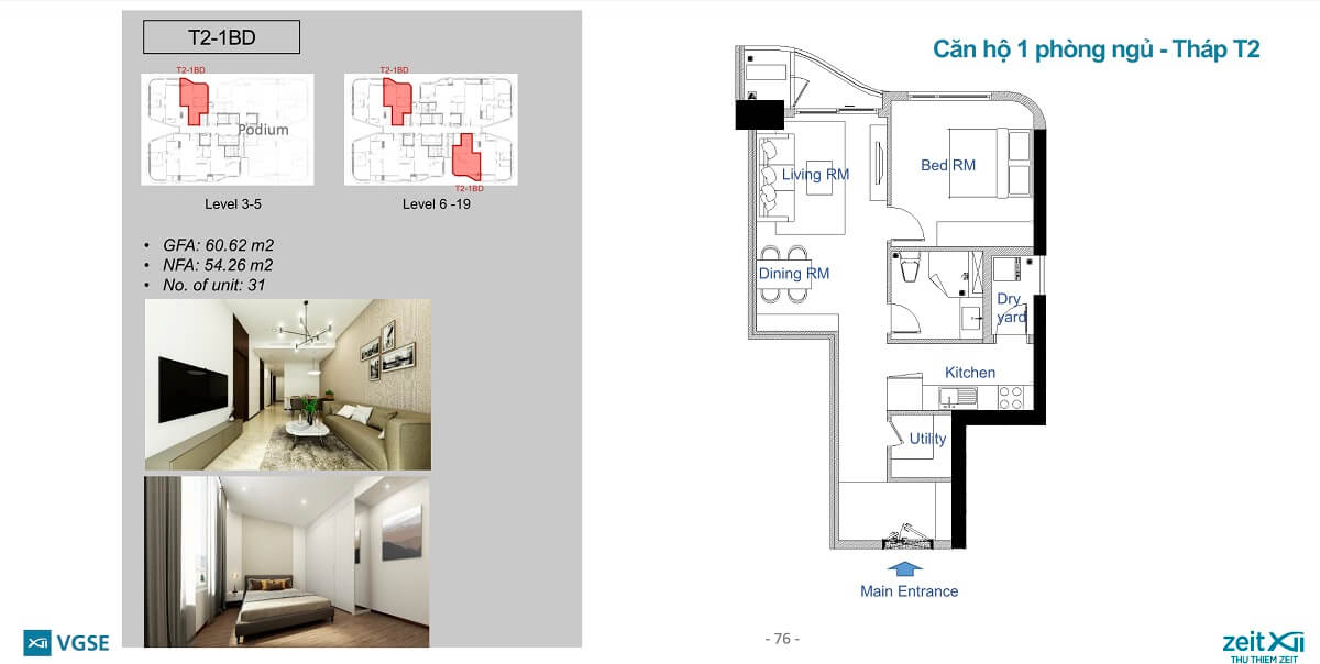 Layout căn hộ 1 phòng ngủ Thủ Thiêm Zeit River quận 2