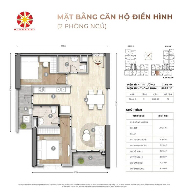 Layout thiết kế căn hộ 2 phòng ngủ dự an HT Pearl