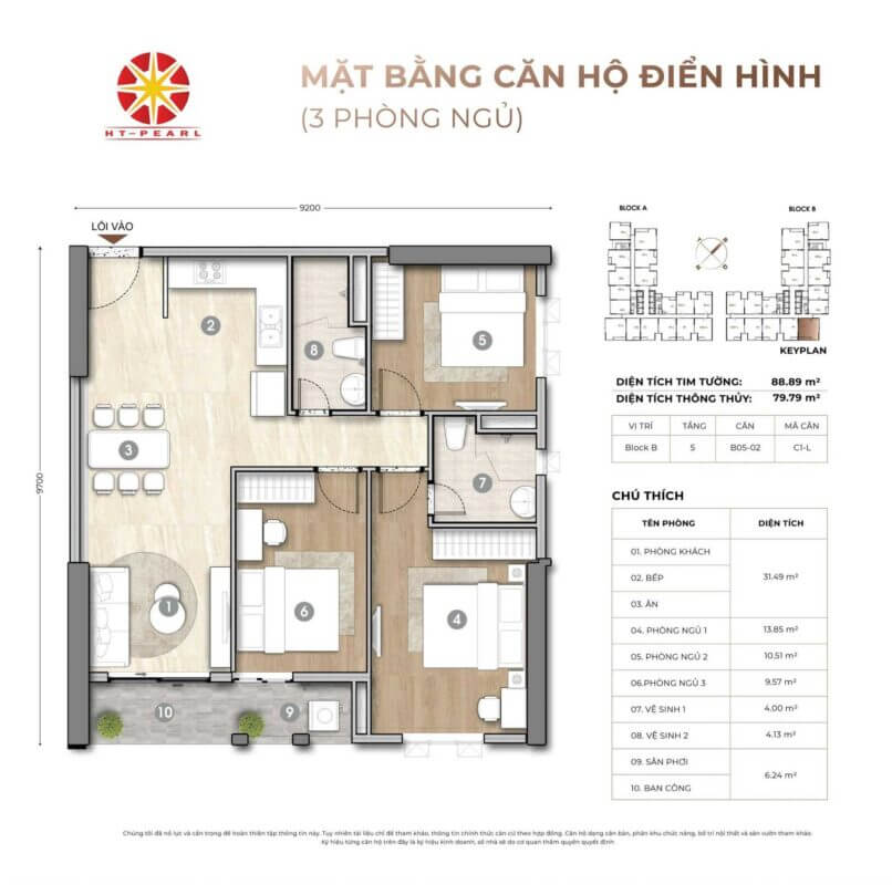 Layout thiết kế căn hộ 3 phòng ngủ dự an HT Pearl