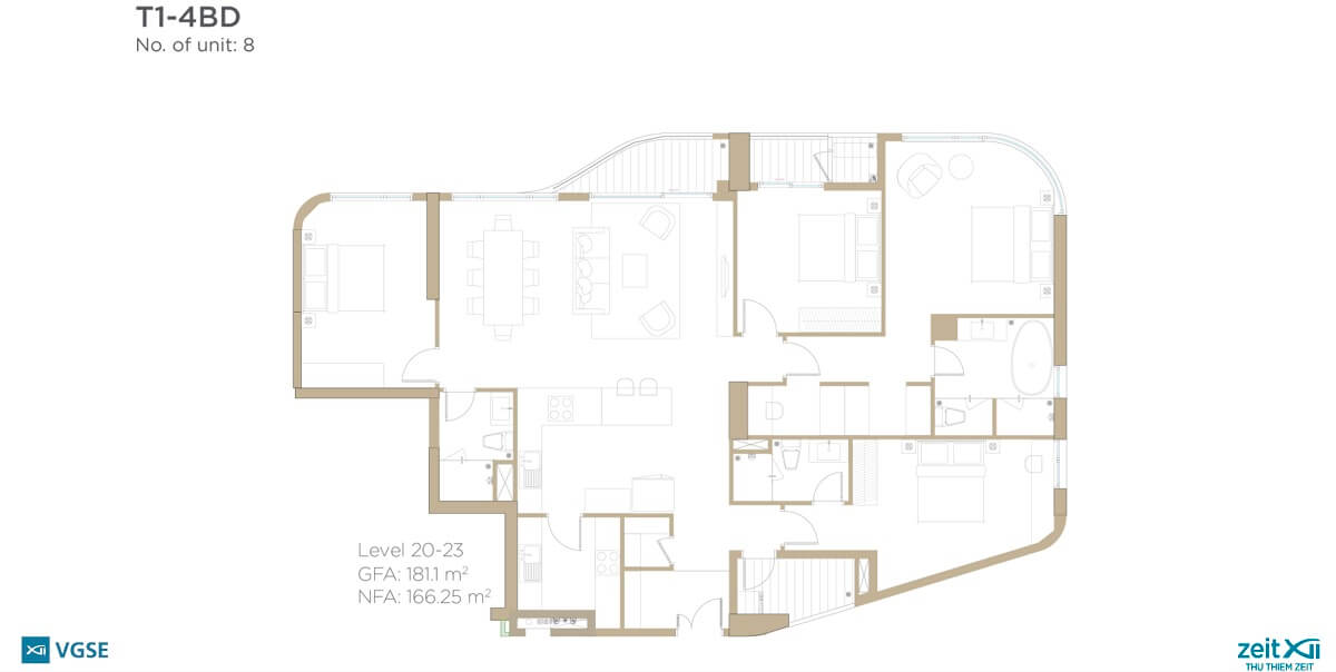 Layout căn hộ 4 phòng ngủ